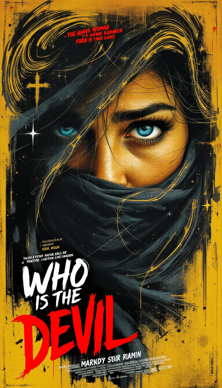 AI generated: A poster for the film « ‘WHO IS THE DEVIL, featuring sad face of Afghan WOMAN focus ing on her deep ...