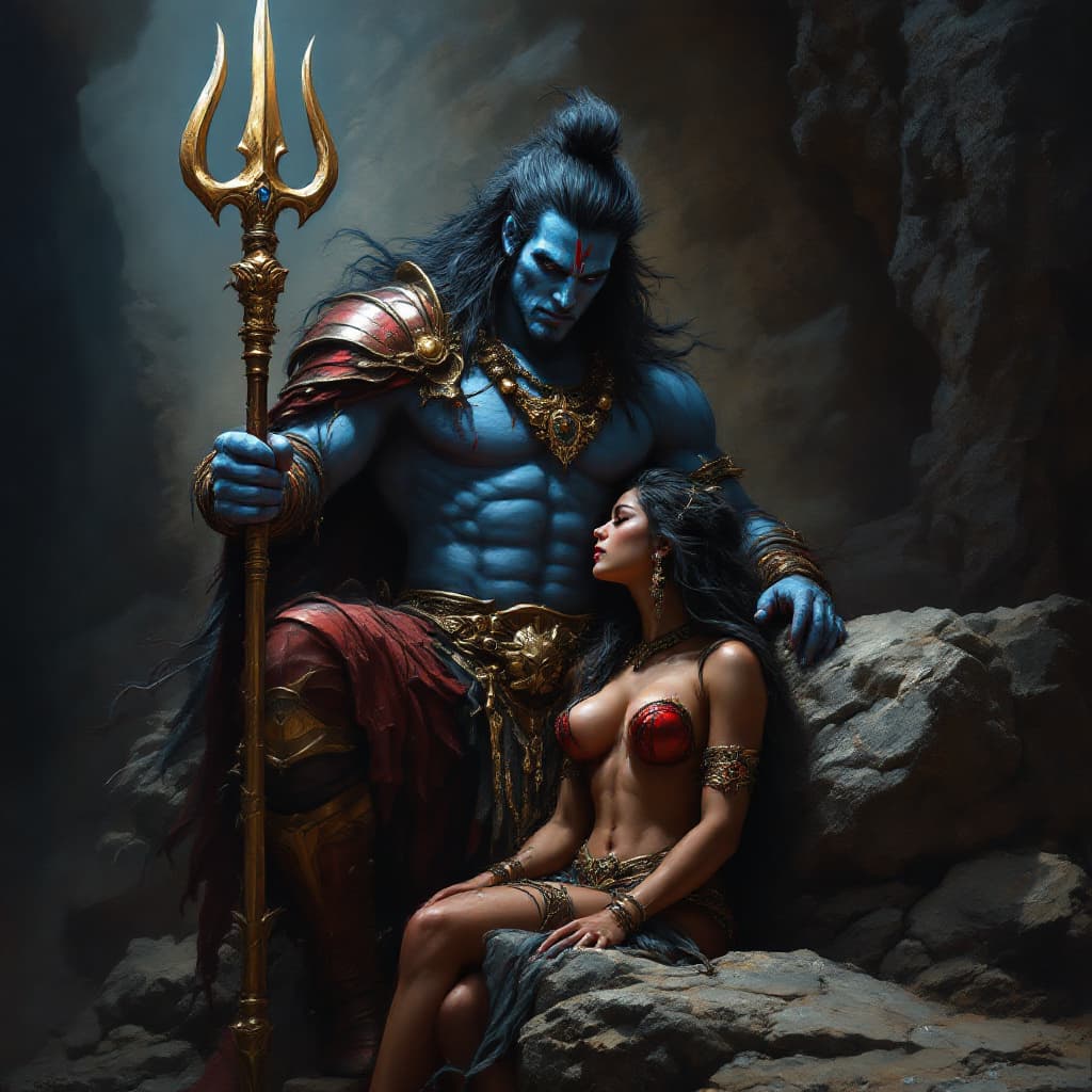 AI generated: A blue color muscular lord shiva and his slightly muscular toned Lady parvati An exquisite dark fant...