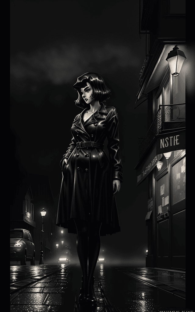 AI generated:  digital painting meets analog film, a gorgeous girl posting in the street, noir style, anime style,...