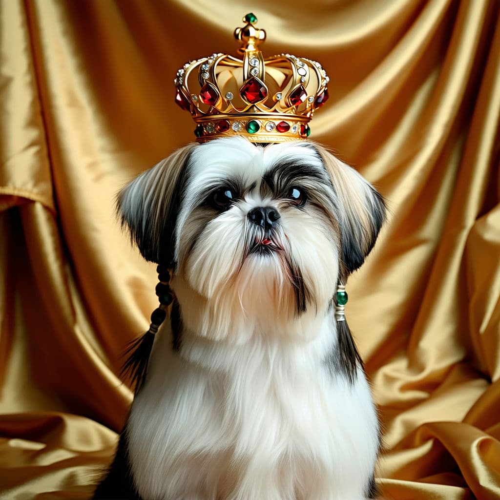 AI generated: A long-haired Shih Tzu dog with neatly tied braids sits in front of a luxurious satin background. On...