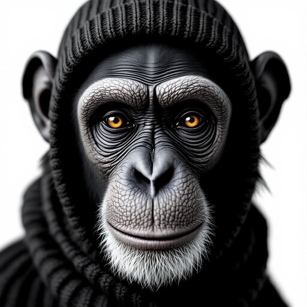 AI generated: chimpanzeeface, drawn in flat white ink on a ribbed knit balaklava (3-holes skimask)