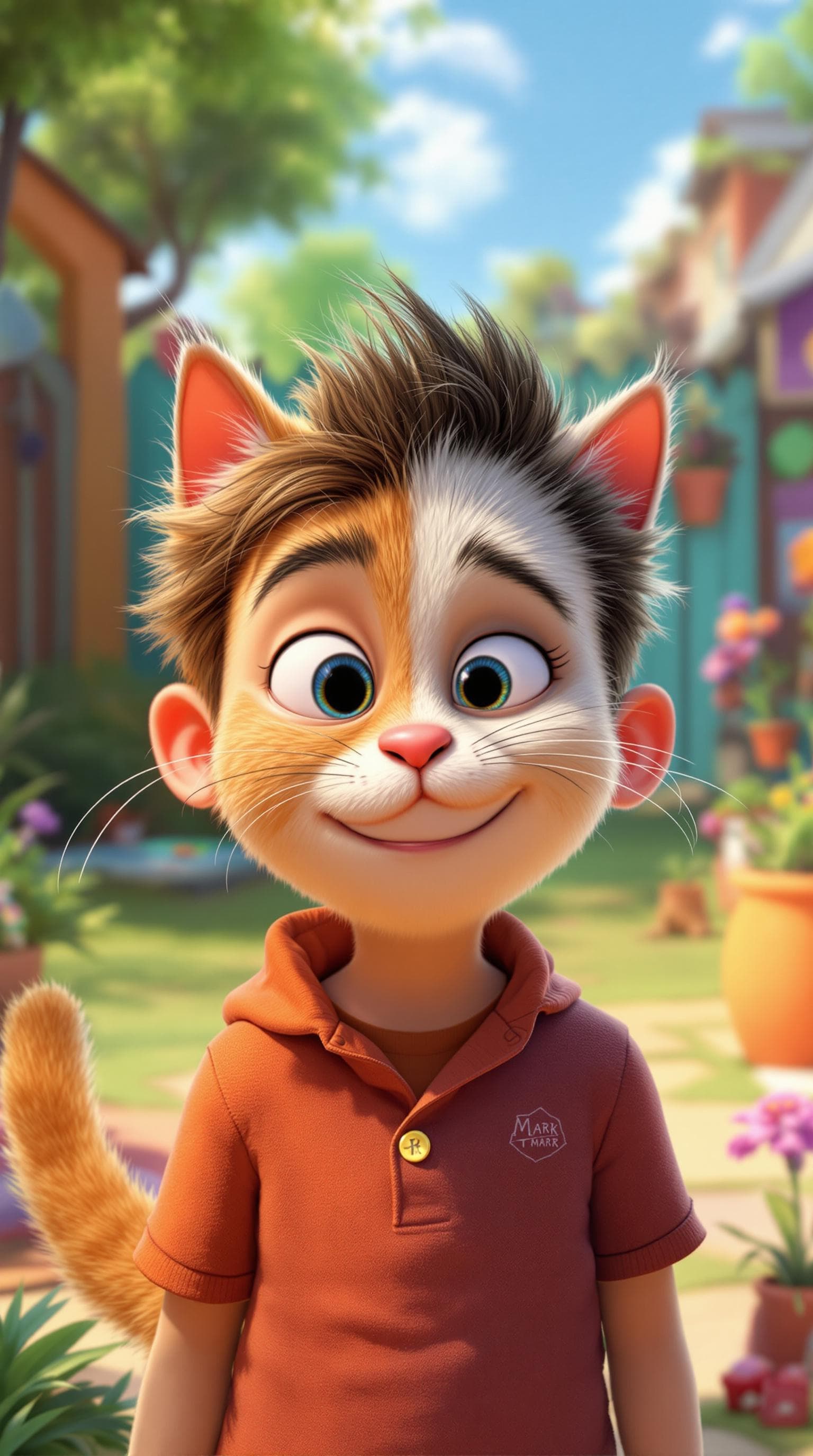 AI generated: whimsical illustration of Mark, a young boy, and his cat, mid-swap, with vibrant colors and playful ...