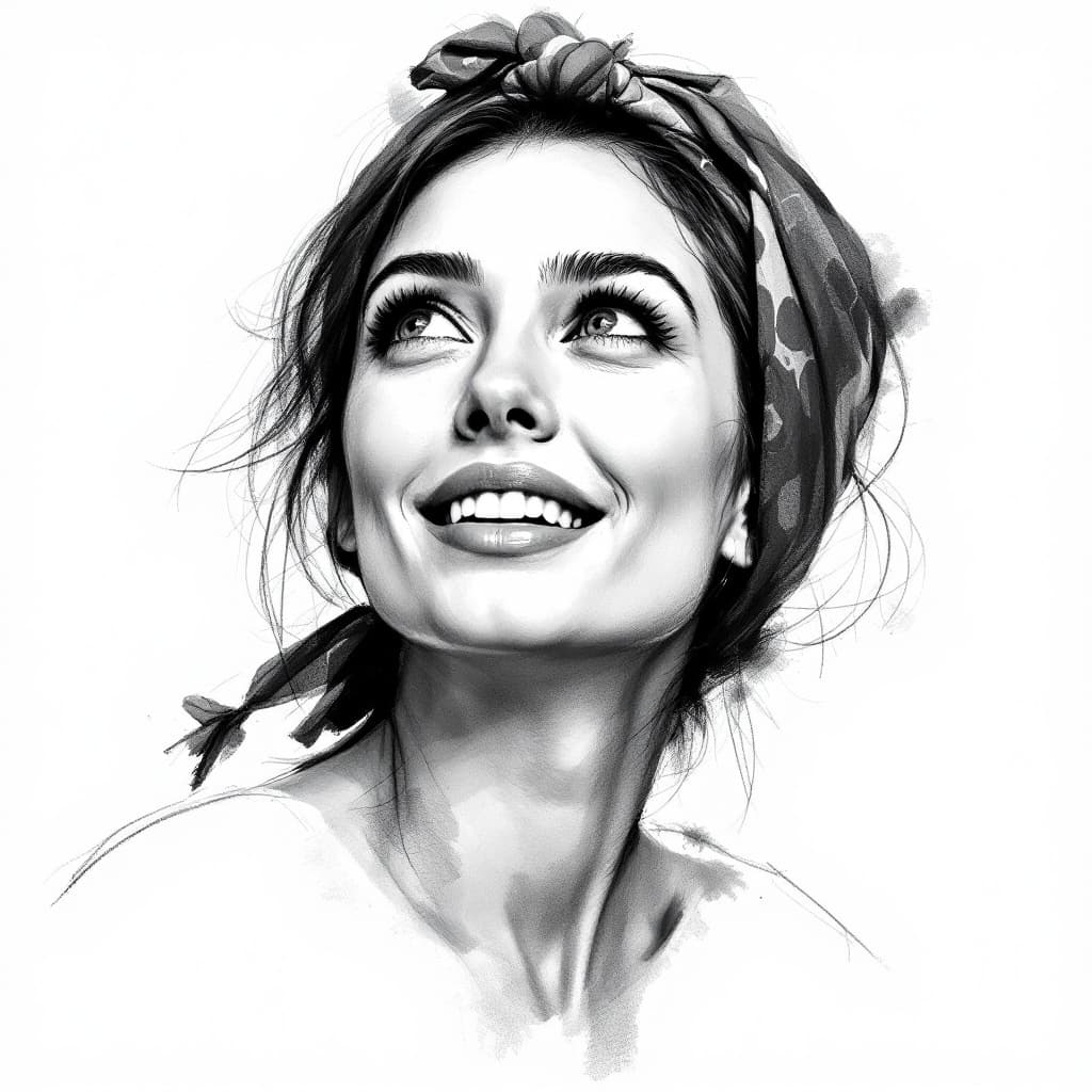 AI generated: Attractive woman, 30s, charcoal sketch, expressive, looking slightly up, wearing a little scarf on h...