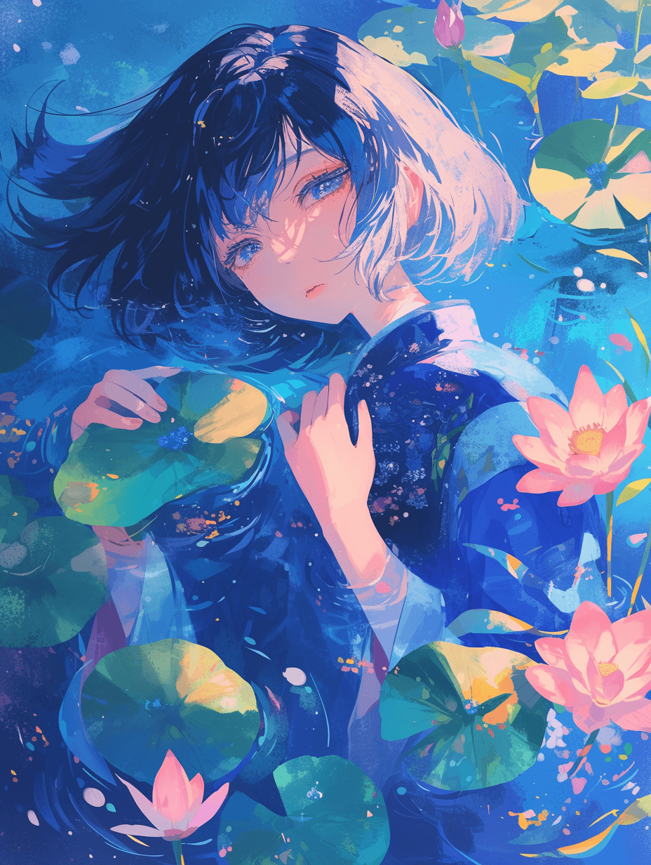 AI generated: shorthaired anime girl, wearing a blue dress, with lotus flowers and water lilies around, shot from ...