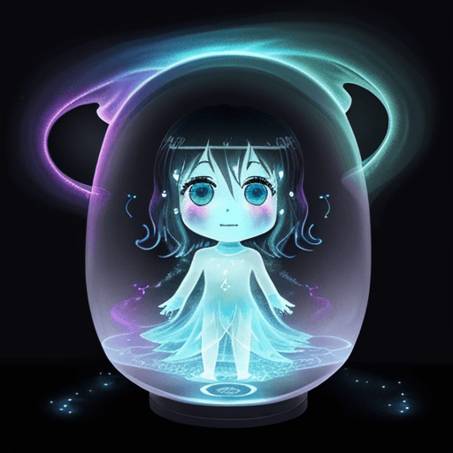 AI generated: a lonely bioluminiscent transparent cute chibi (((black ghost))) flowing in a mystical rainbow, fire...