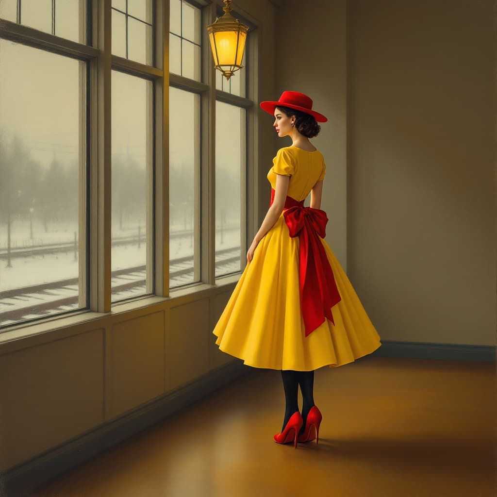AI generated: A woman, light-skinned, mid-20s, wearing a vibrant yellow, full-skirted swing dress of a 1940s-style...