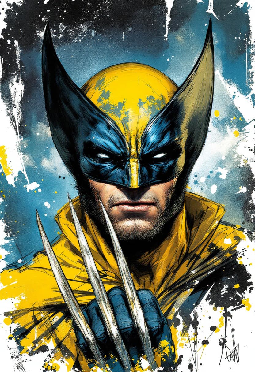 AI generated: Portrait of Wolverine, masked, in yellow, showing his claws as weapons. Art Nouveau, Neo-Impressioni...