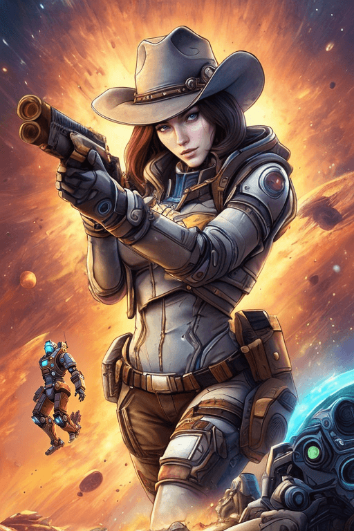 AI generated: ((best quality)), ((masterpiece)), ((realistic)), (detailed), trading card frame, female space cowbo...