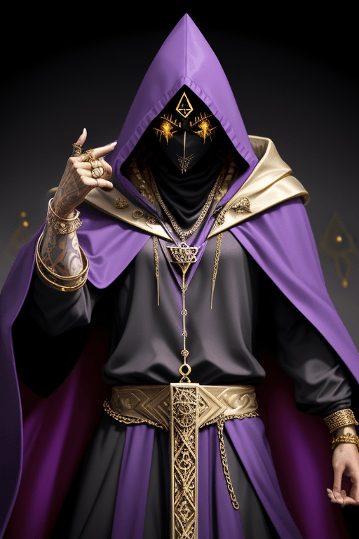 AI generated: Shadow wizard money gang, in purple cloak hood, dark face, gold chains and jewellery. triangle inste...