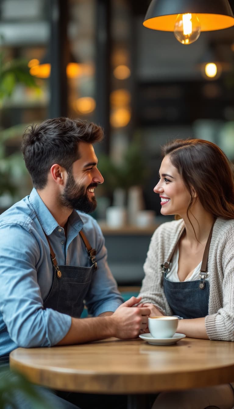 AI generated: american  plan
a man talks to the woman, in a café