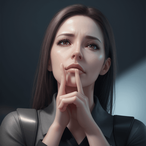AI generated: photo realistic, modern woman striking a pose looking up index finger to her chin, thinking "I forgo...