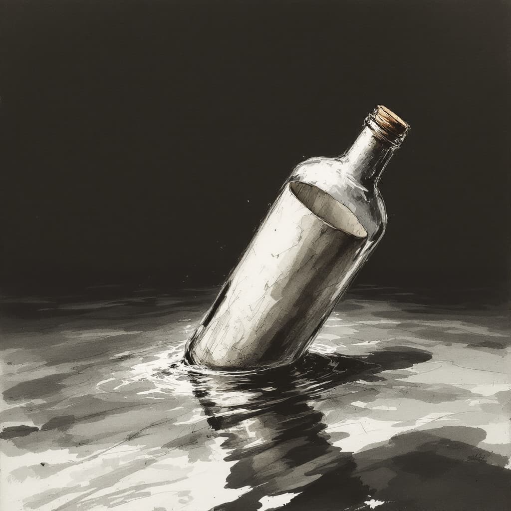 AI generated: an artistic Wet ink, charcoal sketch of a paper roll inside a bottle, submerged, tilted bottle, floa...