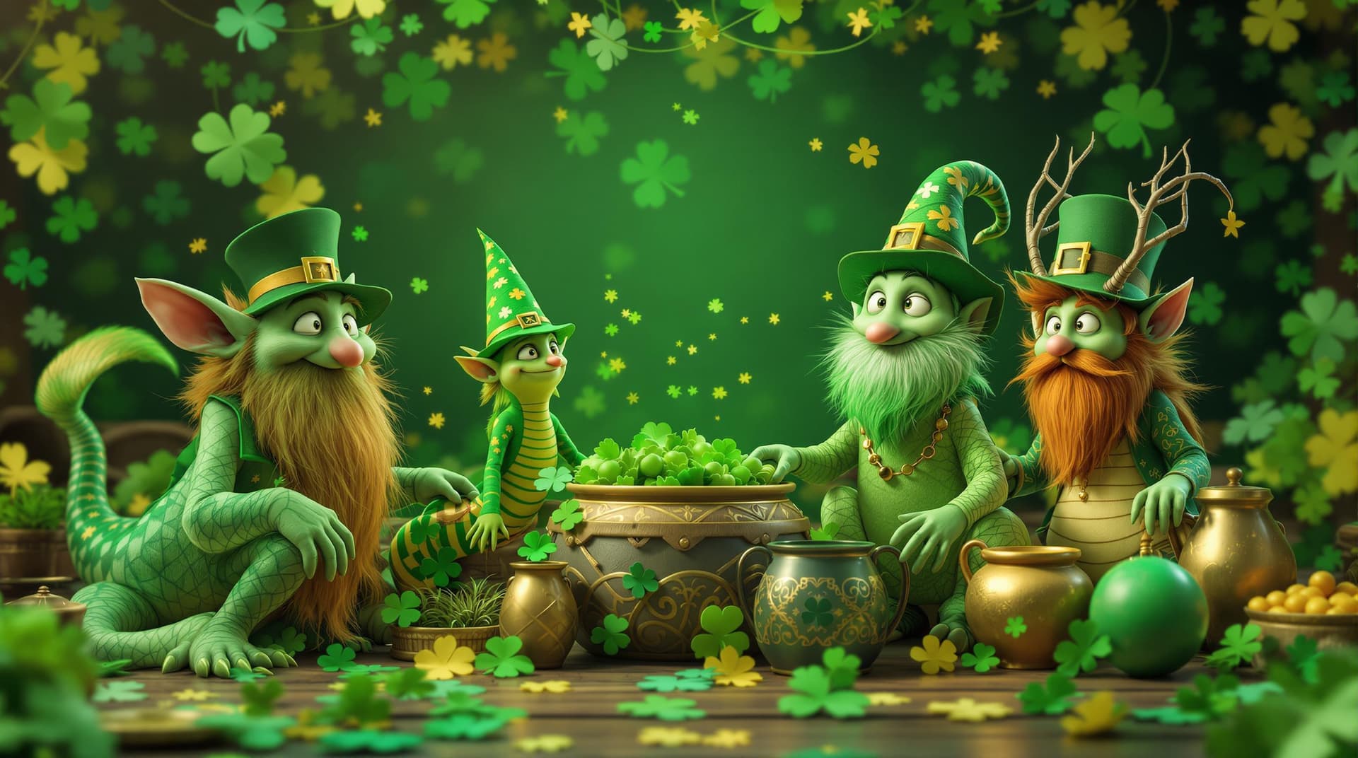 AI generated: St. Patrick's Day celebration featuring mythical fantasy creatures of Ireland, such as leprechauns, ...