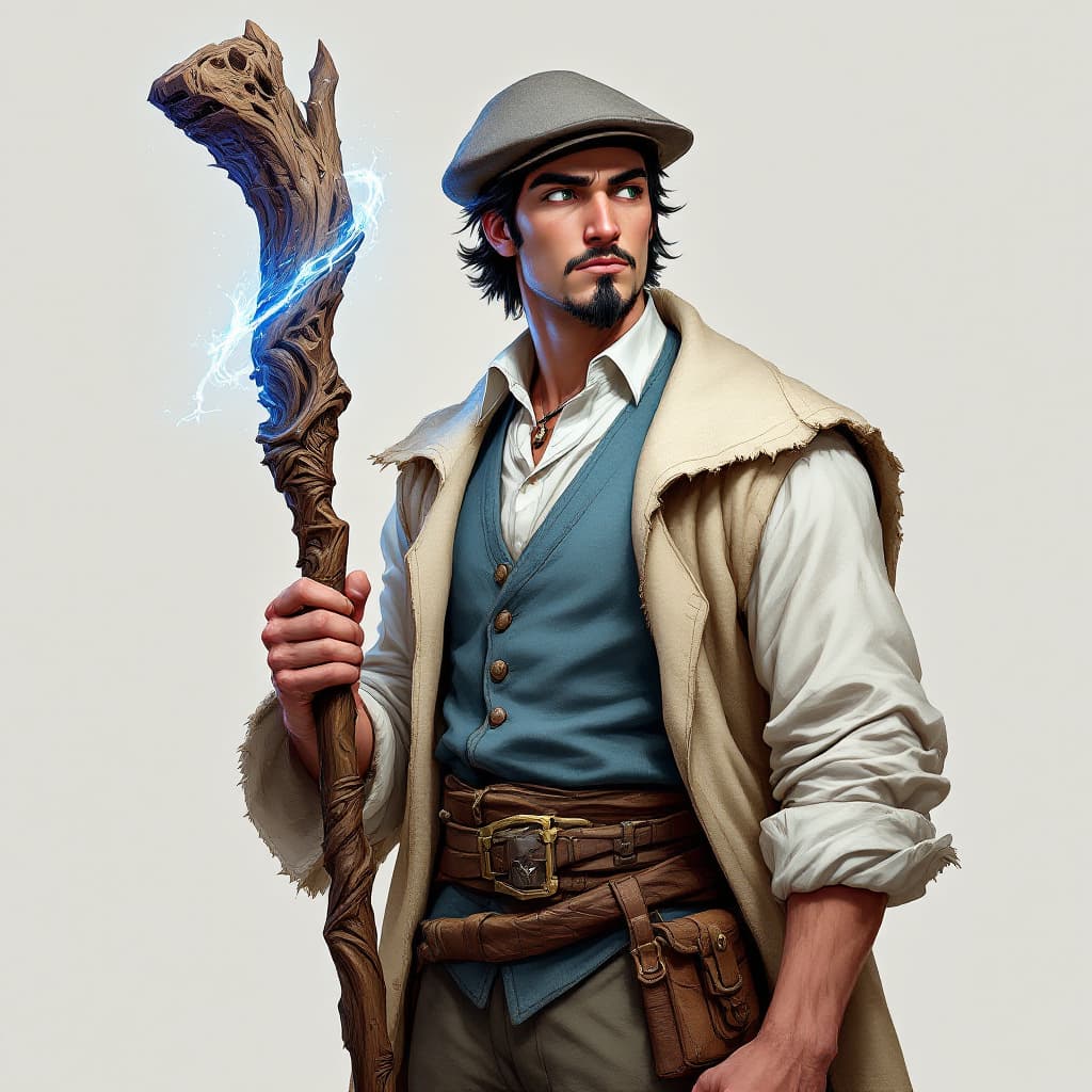 AI generated: A lean man in his mid-20's. He has Black hair, green eyes and a goatee. He is wearing a white shirt,...
