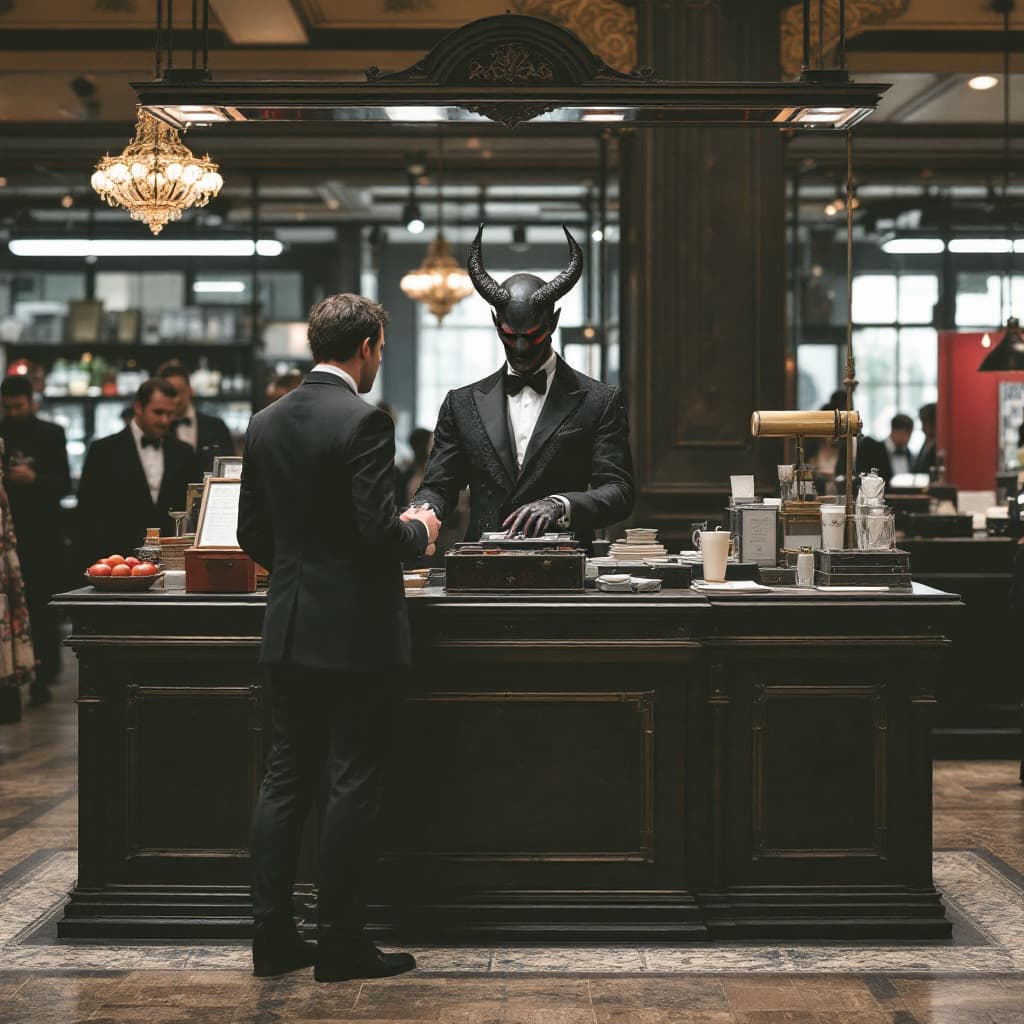 AI generated: posimas sales stand,attended by the devil,european elegant dress,cash register,no people,image front...