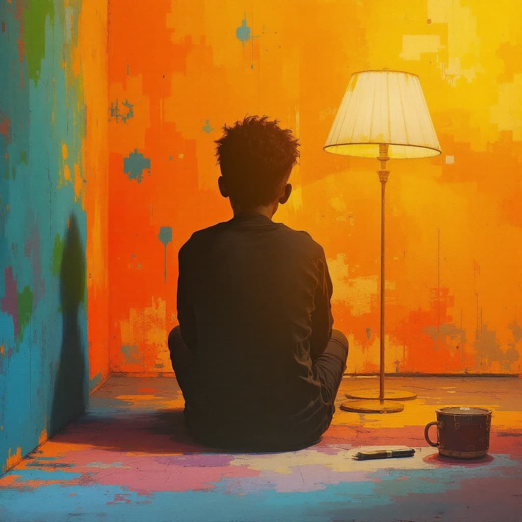 AI generated: A black boy sitted in a disserted room whose interior is made of a tetradic color pallete