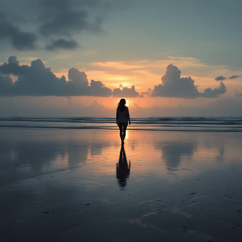 AI generated: scene of a person walking along a beach at twilight, reflected in the wet sand, focus on creating a ...