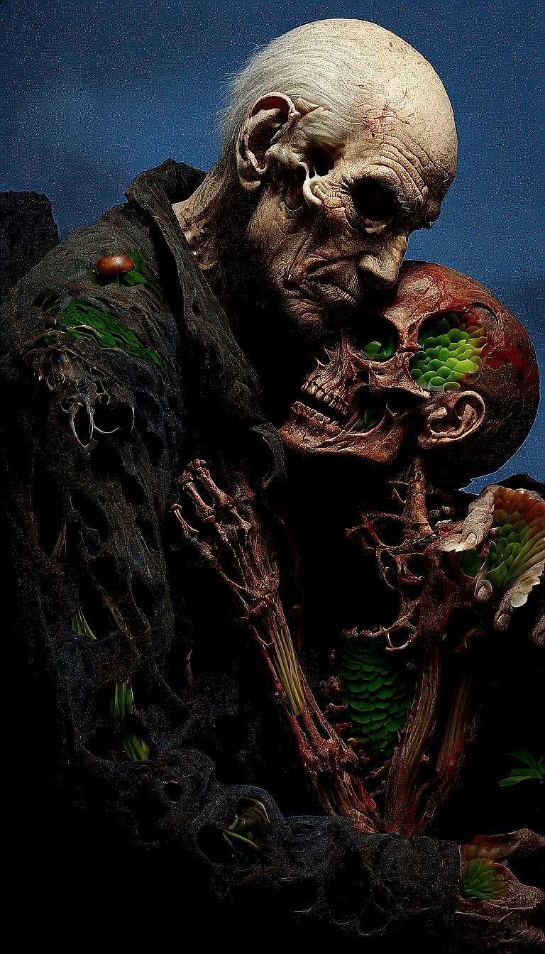 AI generated: The image features a man and a woman who appear to be dead, with their bodies in a state of decay. T...