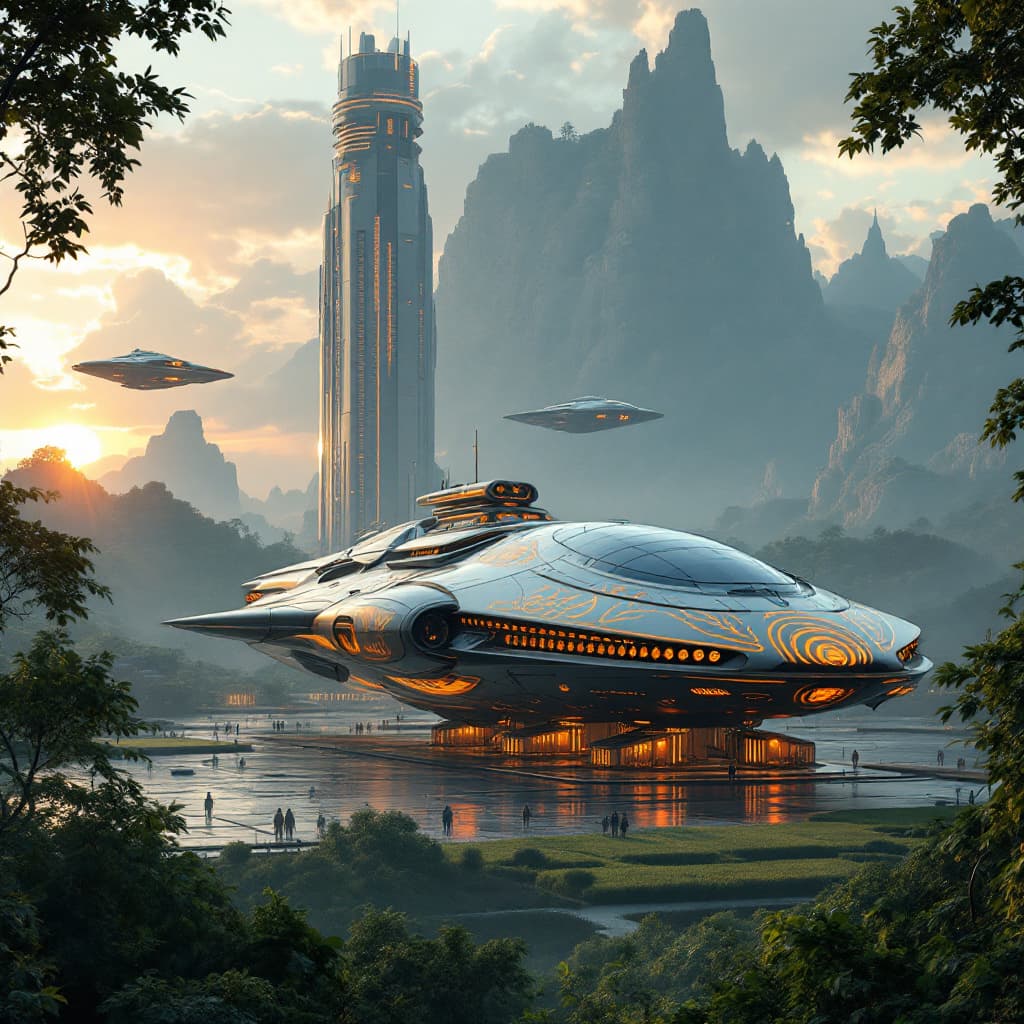 AI generated: 
Futuristic epic adventue, tartaria building in the background with mythological ancient flying spac...
