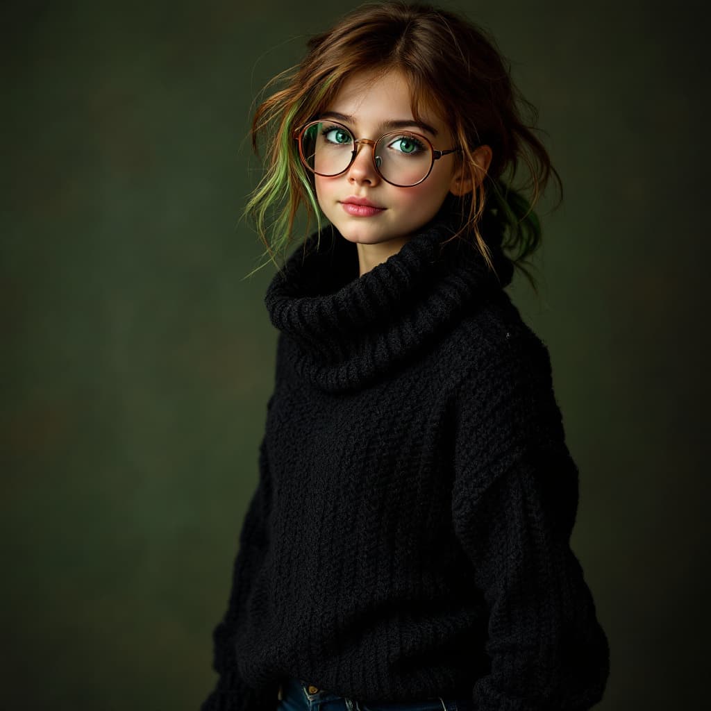 AI generated:  a girl, brown hair with green highlights, green eyes, glasses, wearing a black knitted cowl sweater...