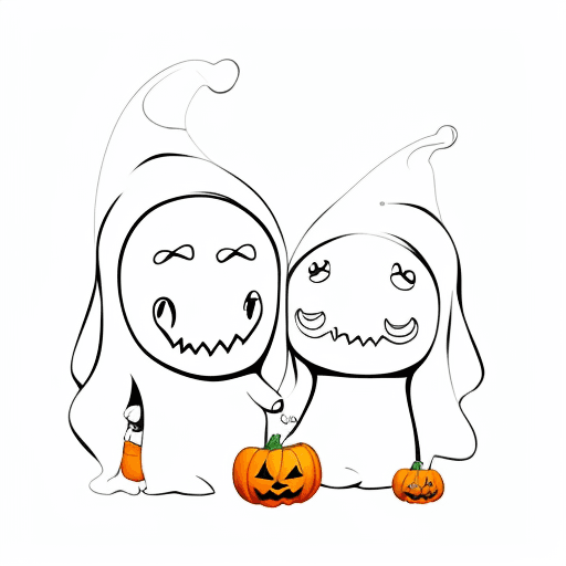 AI generated: plain image, line art, fit canvas, white background, cartoon Halloween two cute baby ghosts, colorin...