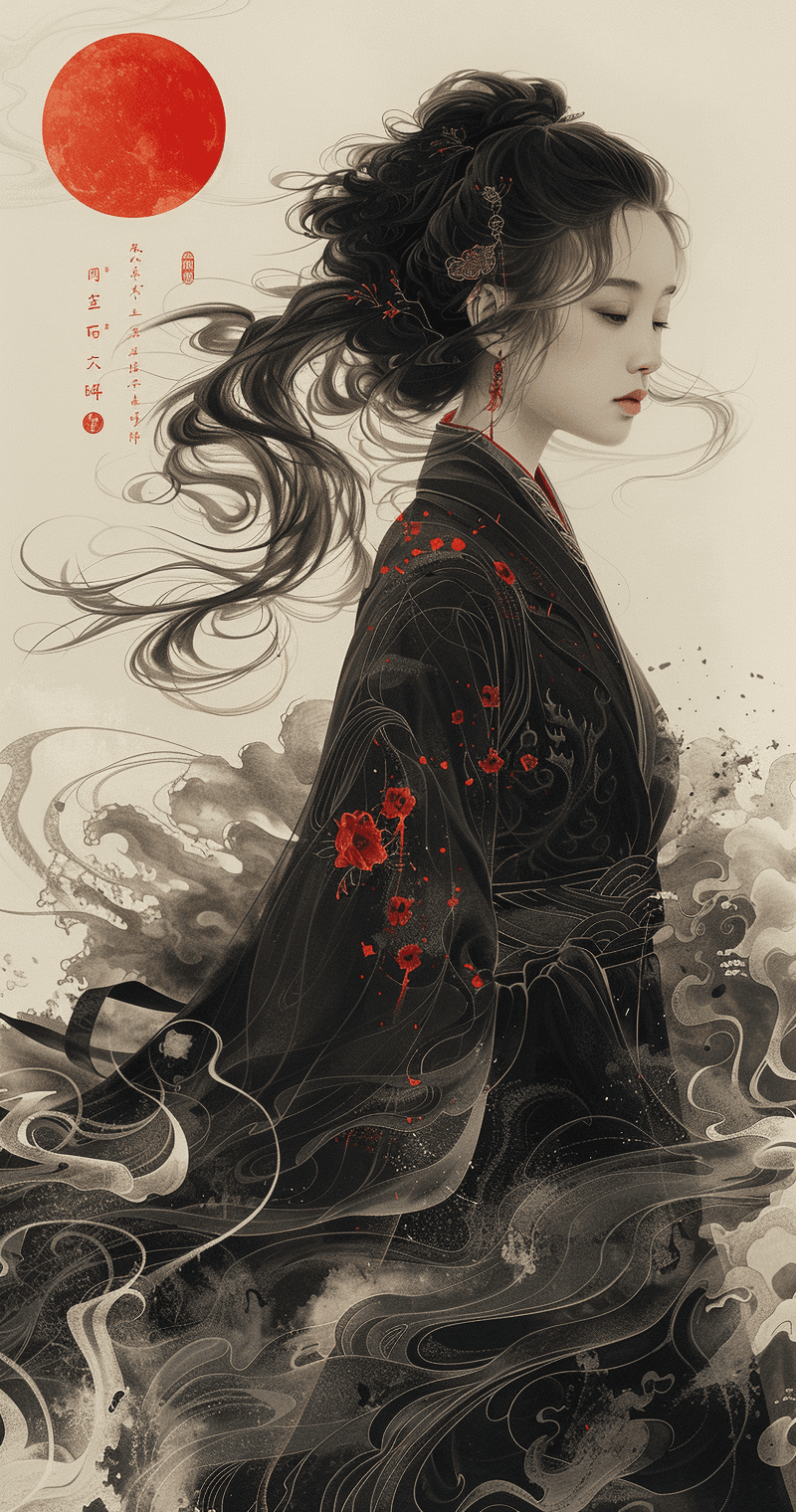 AI generated: An elegant woman in traditional Chinese attire, surrounded by swirling clouds and the full moon, in ...