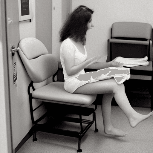 AI generated: girl in her twenties wearing only an adult diaper at doctor's office sitting on examination table