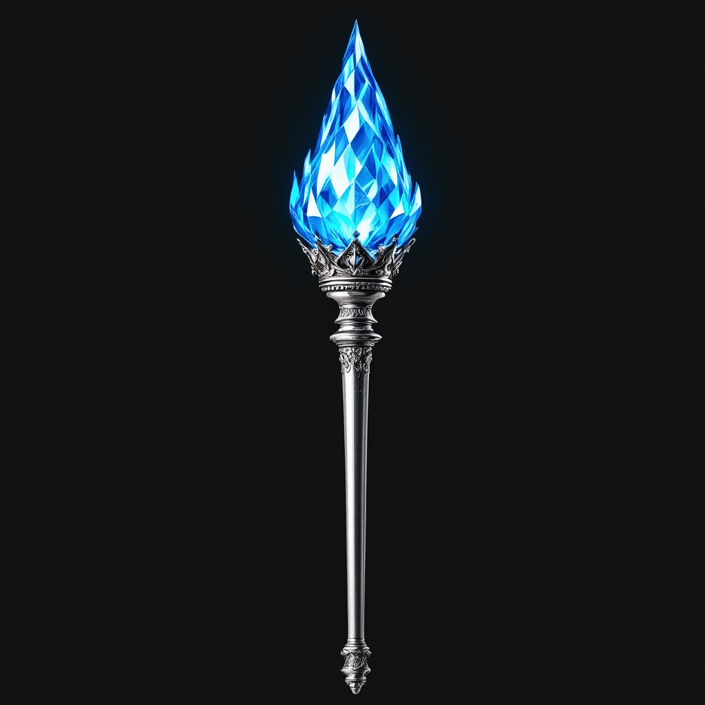 AI generated: Two foot long smooth, elegant, kingly silver scepter, no sharp metal points, rounded bottom, multifa...
