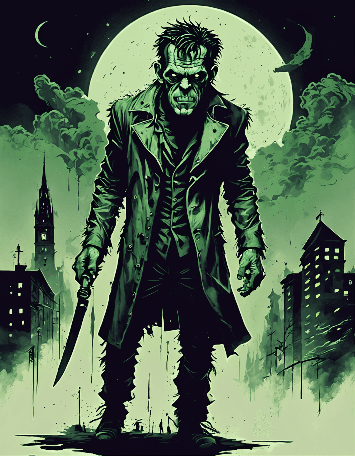 AI generated: Frankenstein's Monster on a city street at night, Foggy with moon light, ~*~Enhance~*~, (style of Da...