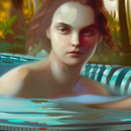 AI generated: Dafne Keen in a hot tub, closeup, foggy, moody, dream-like,  full color smooth, sharp focus, photore...