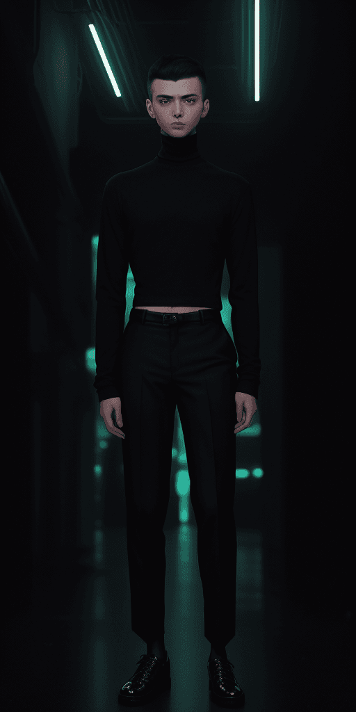 AI generated: [[[((clothing with the smallest details)), a short-haired young man in a classic black turtleneck wi...