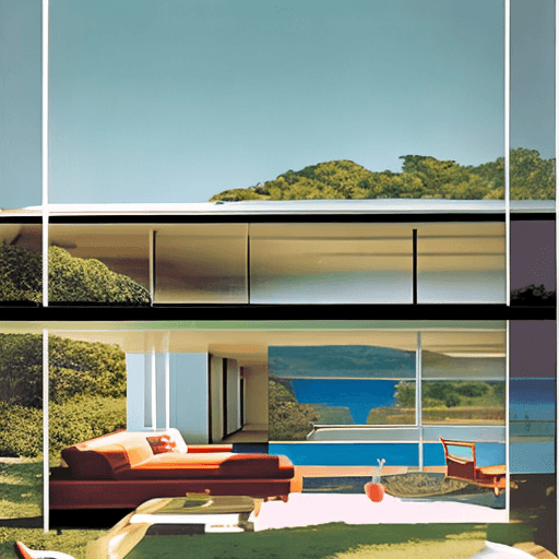 AI generated: Hyper realistic eye level exterior photo of a mid century modern style house overlooking the ocean, ...