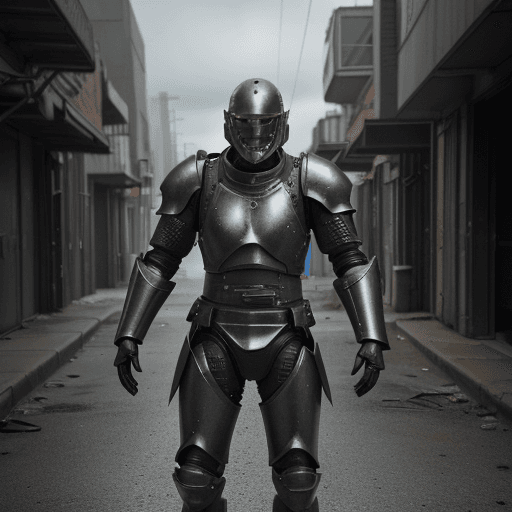 AI generated: black armed male figure in battle armor, short, dark hair, armed figure, weapon in hand, aiming, sca...
