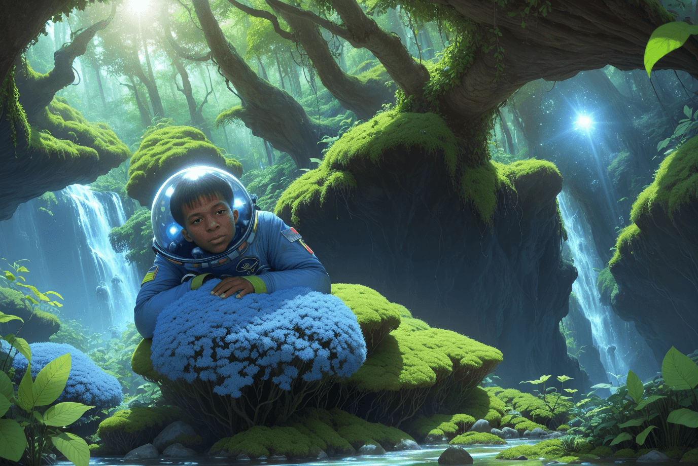 AI generated: kylian Mbappé as an astronaut,moss and trees, alien planet, bright colors, high quality, realistic s...