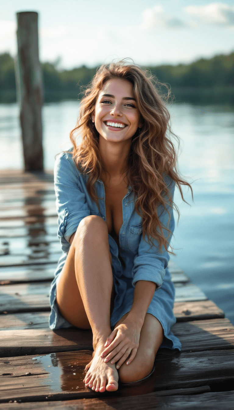 AI generated: Sweden woman in a casual denim dress with rolled sleeves, sitting on the edge of a wooden pier by a ...