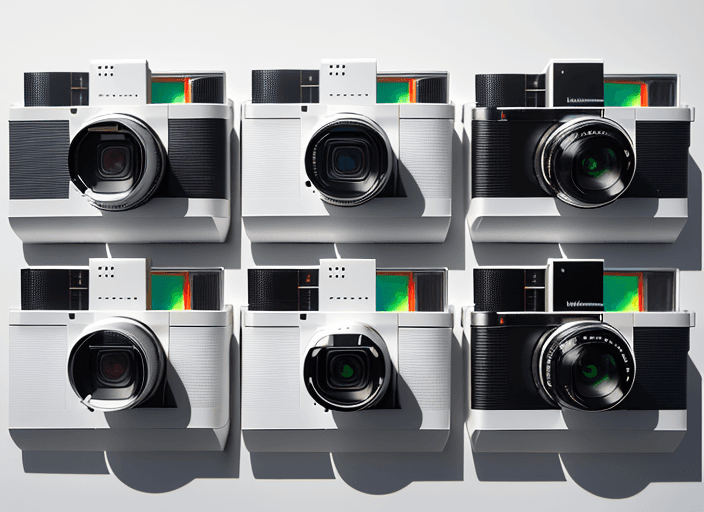 AI generated: Four different slim cameras, arranged on a white surface, front view, photo realistic, highly detail...