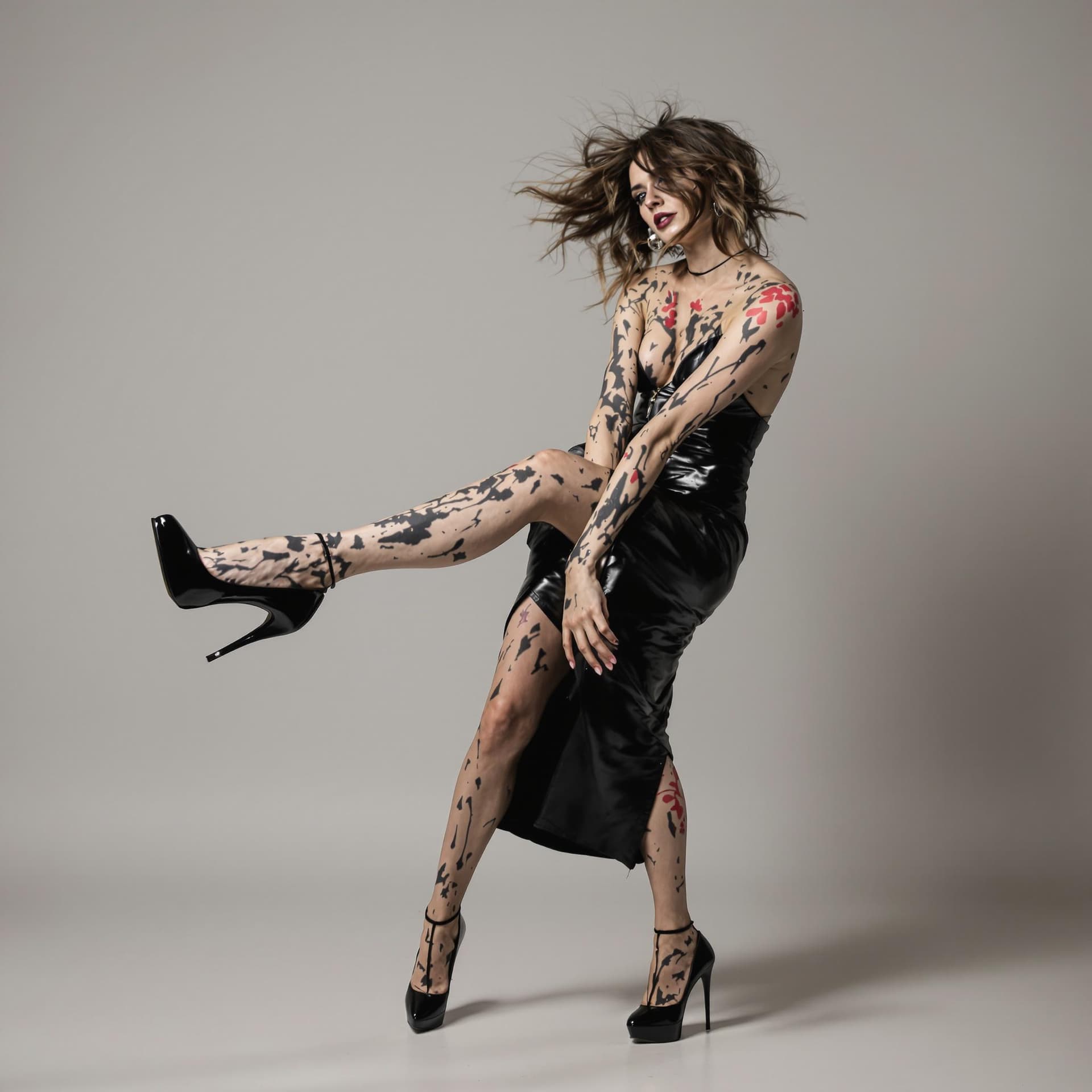 AI generated: a professional photography portrait of a woman with rough skin wearing black heels and a leather dre...
