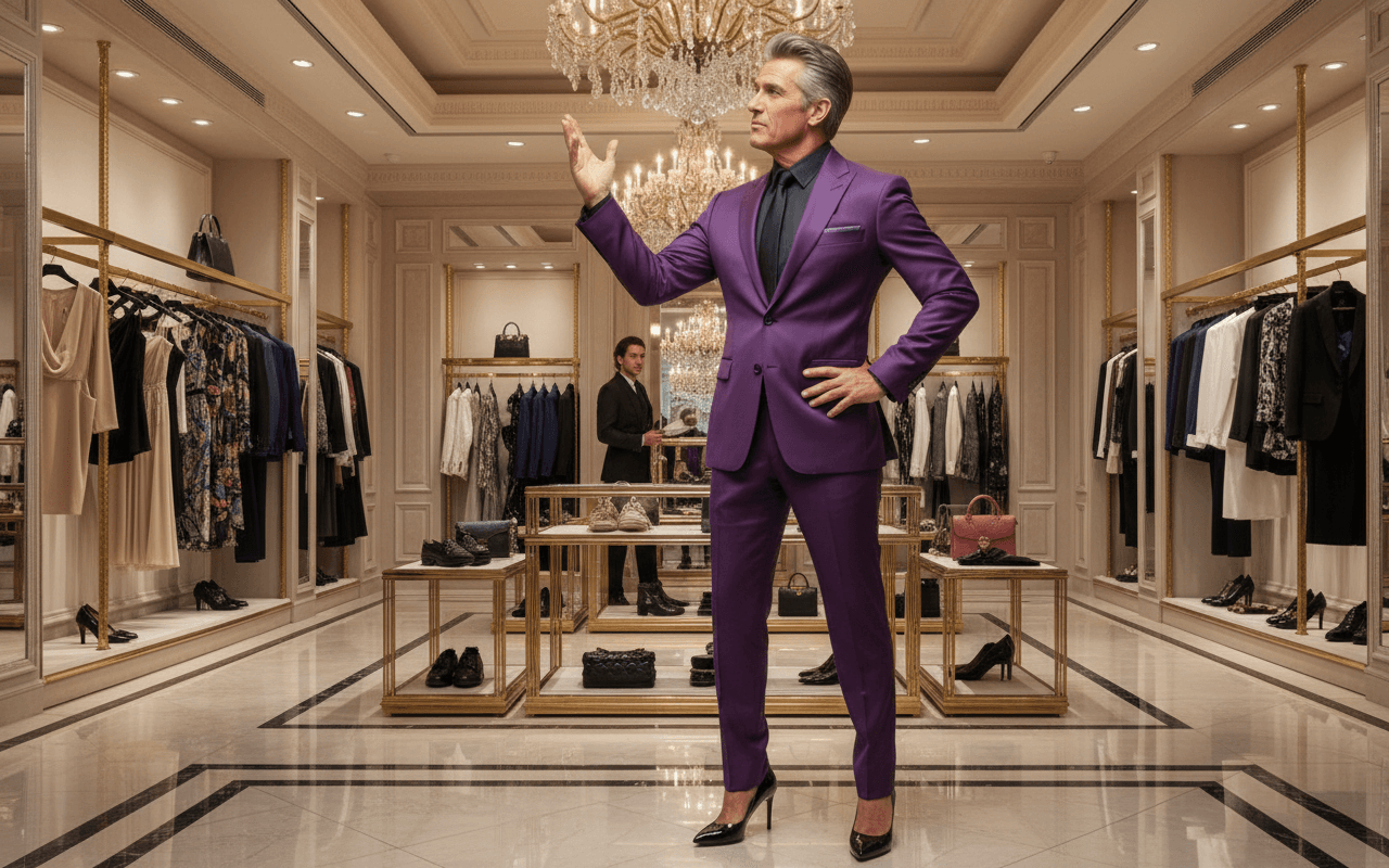 AI generated: At a very luxurious clothing store. 

The flamboyant sales man is 6 feet tall. He is 50 years old,...