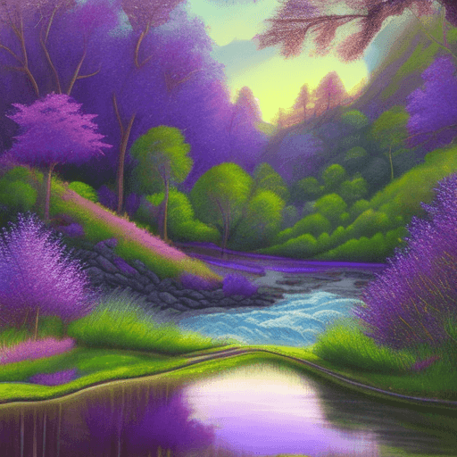 AI generated: A serene, magical landscape featuring a river winding through a dense forest of purple and violet tr...