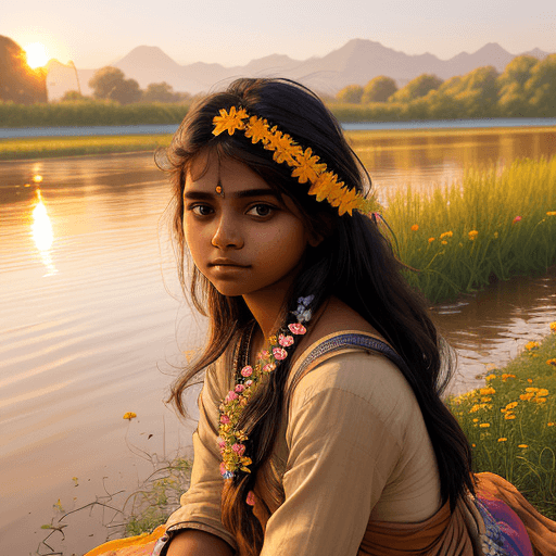 AI generated: A young indian with Flowers in hair on the bank of river during golden hour