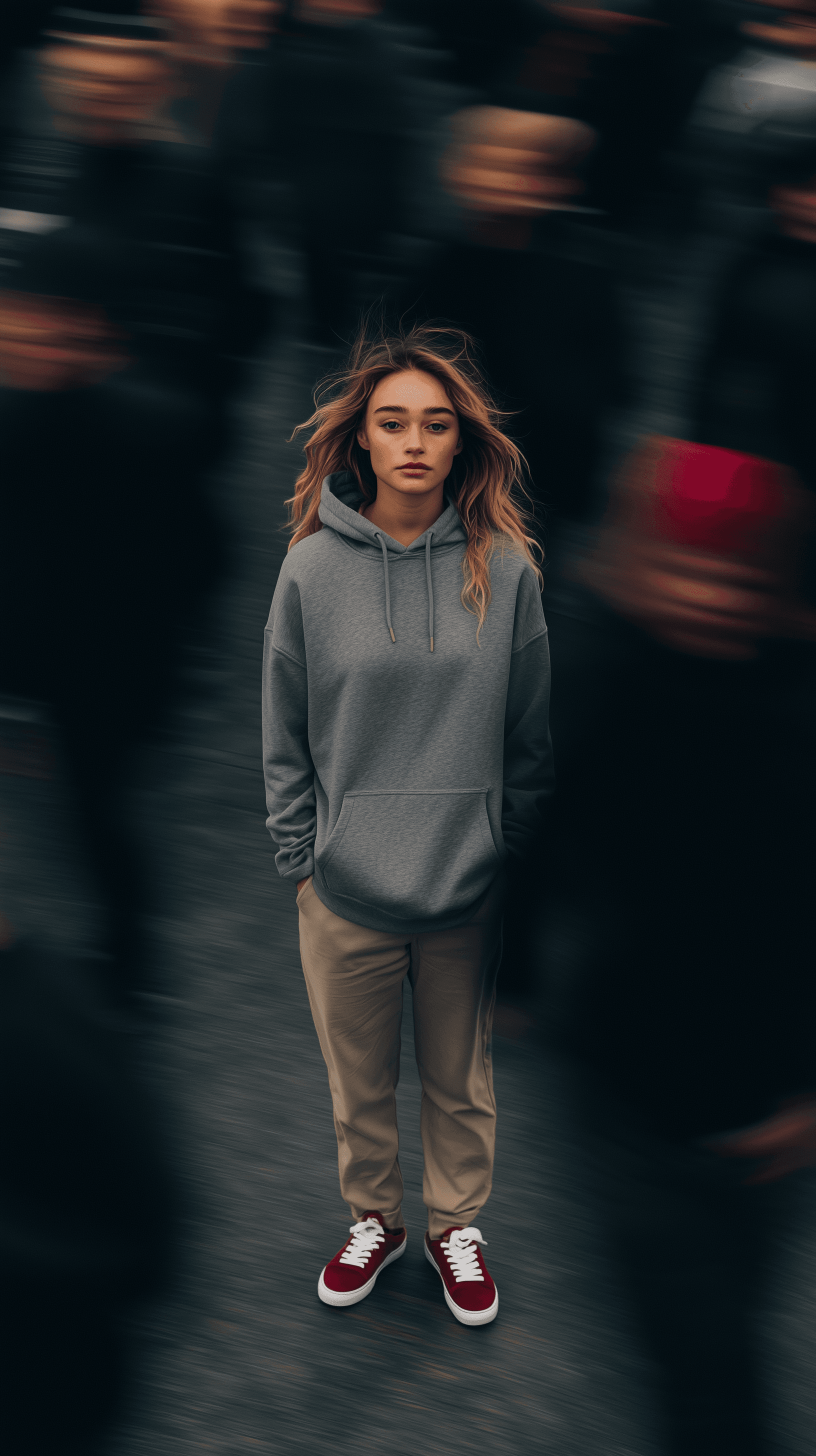 AI generated: editorial photography, front shot, essence of urban hustle with a single focused professional female...