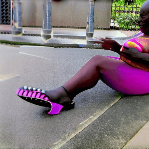 AI generated: Outside, 66 years old voluptuous slutty Congolese submissive in colorful latex and leather harness, ...