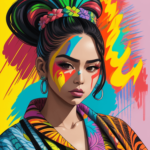 AI generated: Hawaiian artists, modern portrait series of Cansu Dere in colorful wear, in the style of aggressive ...