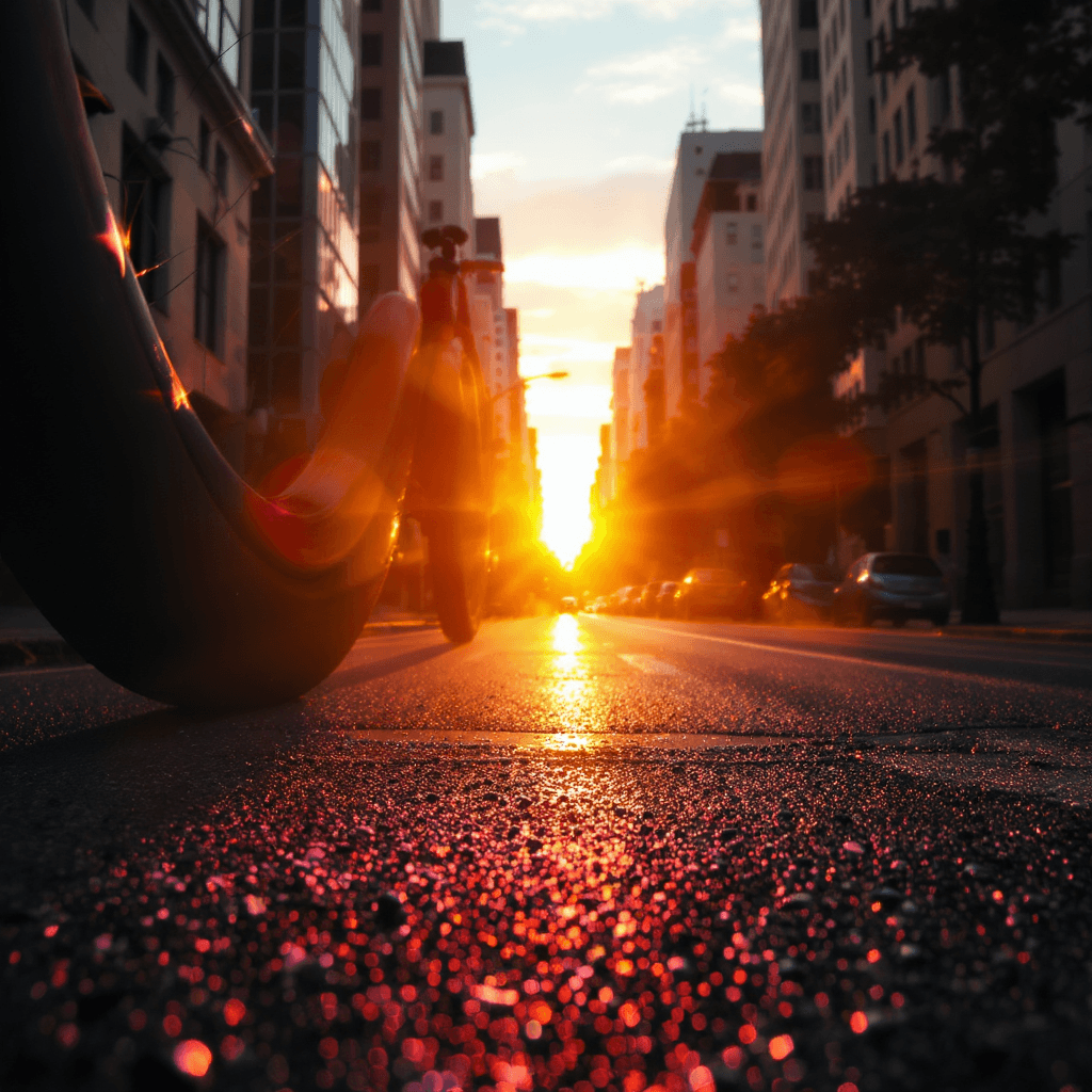 AI generated: The sun rises slowly between tall buildings. [Ground-level follow shot] Bicycle tires roll over a de...