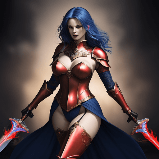 AI generated: A stunning beauty stands confidently, clad in shimmering red armor that accentuates her curves, her ...