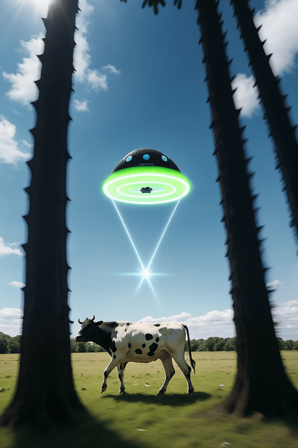 AI generated: ufo floating over the cow capture it with antigravity light beam