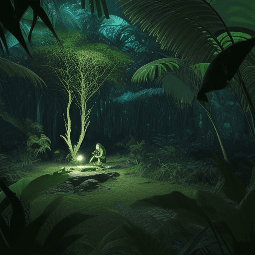 AI generated: Science expedition campsite at night in an alien jungle planet with rich green vegetation dimly lit ...