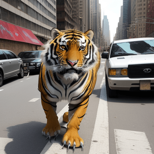 AI generated: animal tigre en la ciudad de nueva york cruzando la pista