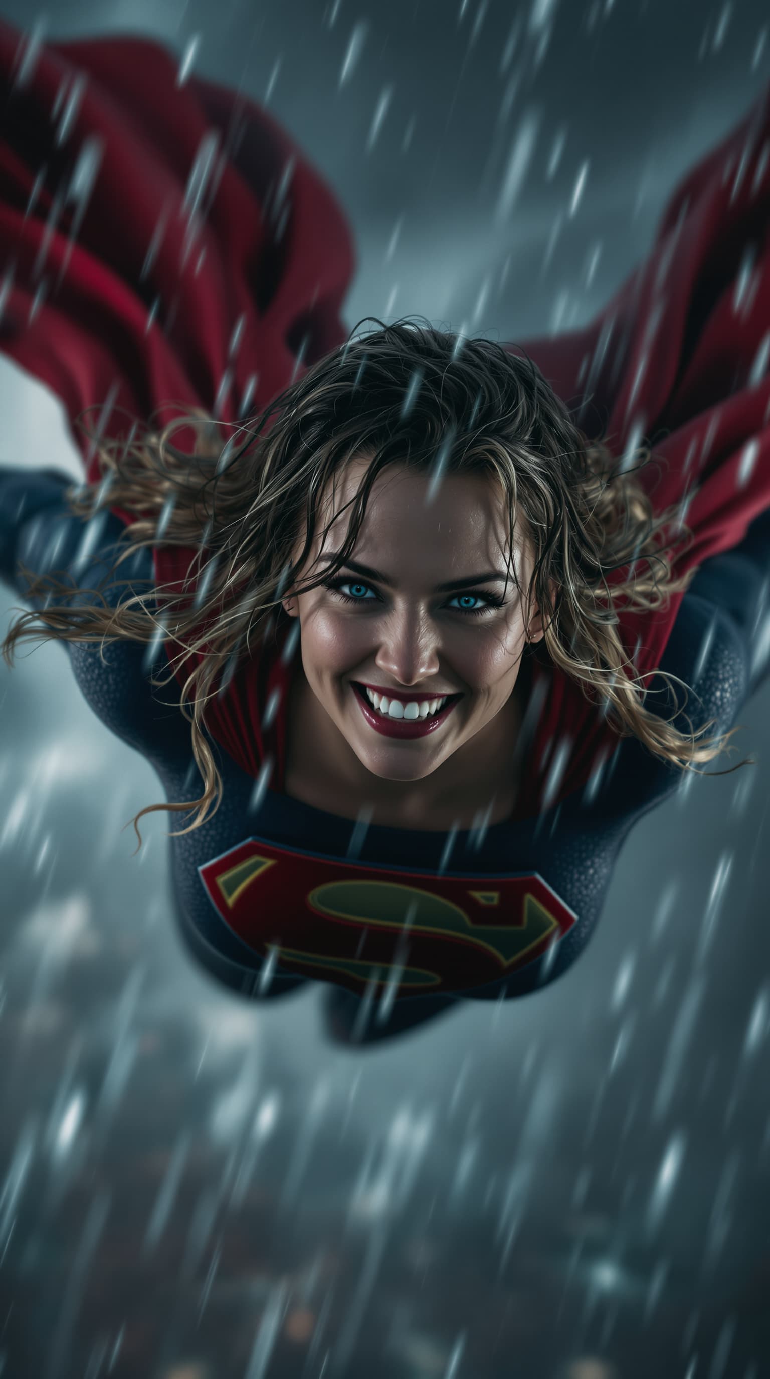 AI generated: (supergirl:1.3), 18 years old, flying through heavy rain, realistic lighting and atmosphere, wet hai...