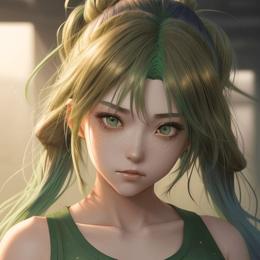 AI generated: girl with green hair highlights in tank top, long brown hair, in the style of hyper-realistic atmosp...